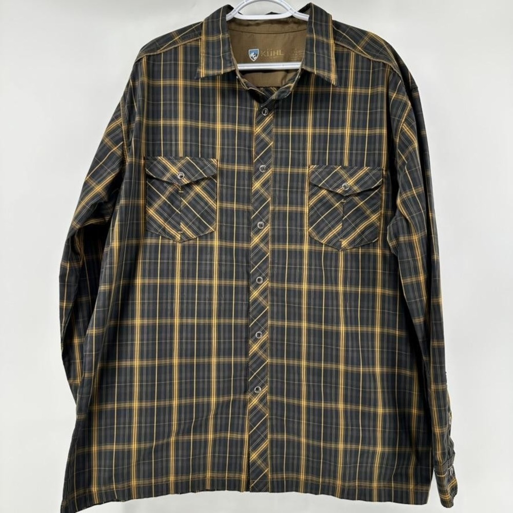Kuhl Shirt Mens 2XL Gray Yellow Plaid Snap Front Long Sleeve Outdoor Casual